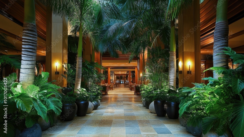 Lush Indoor Garden Pathway in Elegant Hotel Lush Indoor Garden Pathway in Elegant Hotel