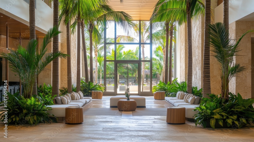 Stylish Indoor Lobby with Palm Trees and Natural Light Stylish Indoor Lobby with Palm Trees and Natural Light