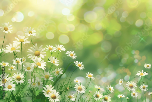 A field of white daisies with a green background