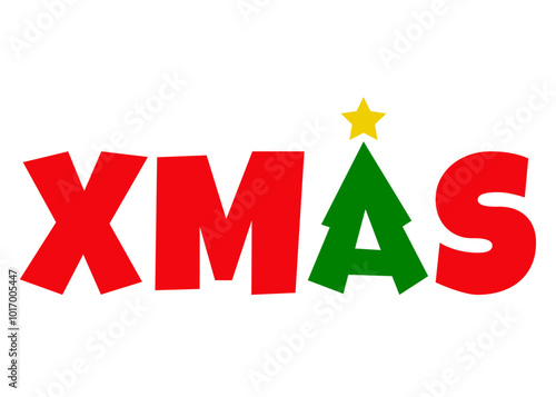 Logo con palabra Xmas con letra A con forma de árbol de navidad tipo pino o abeto con estrella para tarjetas y felicitaciones