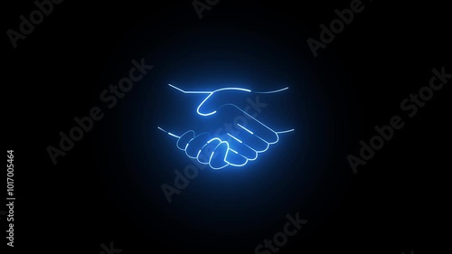 A neon sign of two hands shaking. The sign is blue .  of the sign is that it represents a handshake, which is a symbol of agreement or partnership