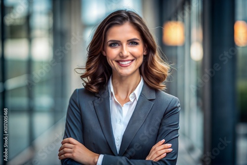 Ambitious businesswoman smiling in modern office