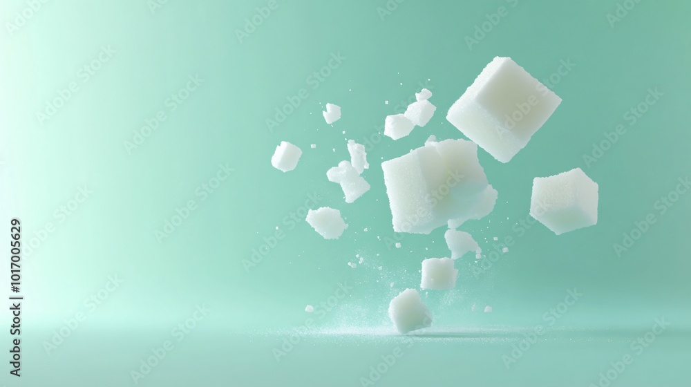 A sugar cube crumbling into pieces, isolated on a smooth pastel green background A sugar cube crumbling into pieces, isolated on a smooth pastel green background
