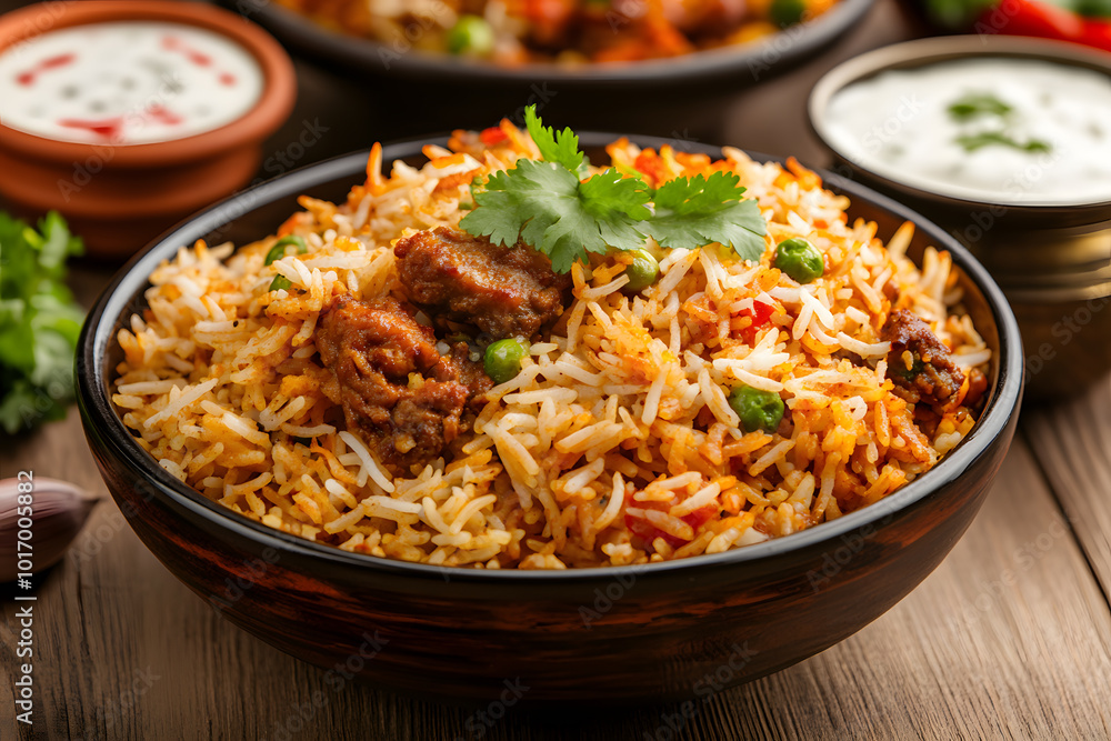 Biryani on a Plate Garnished with Cilantro | Flavourful and Aromatic Indian Rice Dish Served Fresh Biryani on a Plate Garnished with Cilantro | Flavourful and Aromatic Indian Rice Dish Served Fresh