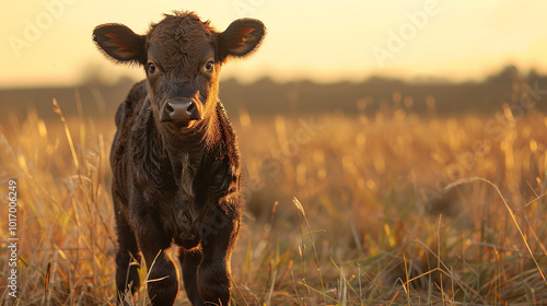 Sustainable beef ranching with a young calf on fresh pasture photo