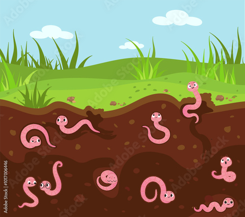 Worms creepers underground. Worm in ground, insects in soil. Wild garden or forest animals, wildlife cartoon characters nowaday vector scene