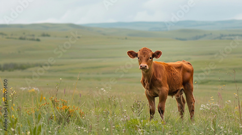 Sustainable beef ranching with a young calf on fresh pasture