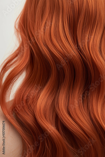 Detailed close-up of vibrant wavy red hair cascading against a white background, showcasing the smooth texture and rich color. 