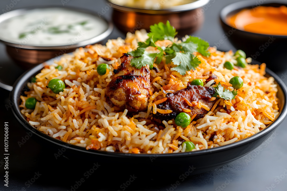 Biryani on a Plate Garnished with Cilantro | Flavourful and Aromatic Indian Rice Dish Served Fresh Biryani on a Plate Garnished with Cilantro | Flavourful and Aromatic Indian Rice Dish Served Fresh