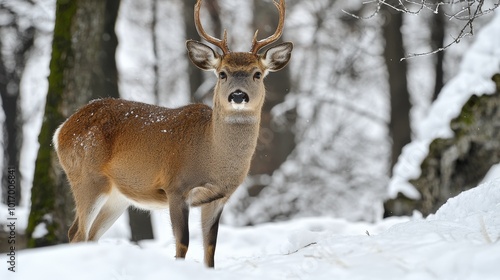 Wallpaper Mural A majestic deer stands in a snowy forest, surrounded by trees during winter's quiet embrace Torontodigital.ca