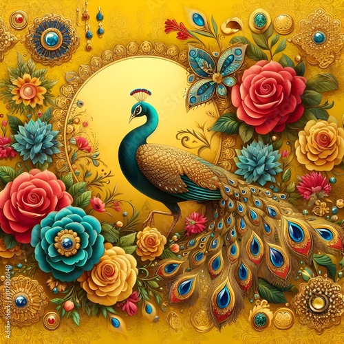 Flowers and a peacock surround a peacock golden with colored roses
