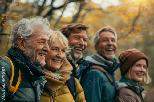 Group of seniors walking in the autumn forest. Group of elderly people walking in the autumn forest.