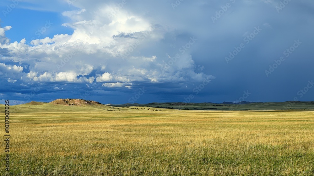 Vast golden grasslands under an expansive sky filled with dramatic clouds at dusk Vast golden grasslands under an expansive sky filled with dramatic clouds at dusk