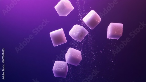 Floating sugar cubes suspended in mid-air, isolated on a deep violet background with dramatic lighting