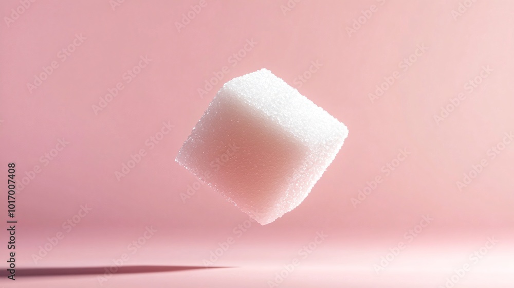 Single white sugar cube floating in the air, isolated on a pastel pink background with soft shadows Single white sugar cube floating in the air, isolated on a pastel pink background with soft shadows