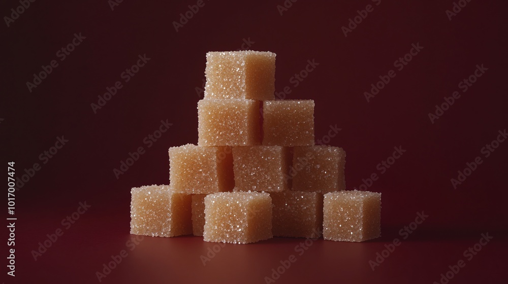 Stack of brown sugar cubes, isolated on a deep burgundy background with soft lighting Stack of brown sugar cubes, isolated on a deep burgundy background with soft lighting
