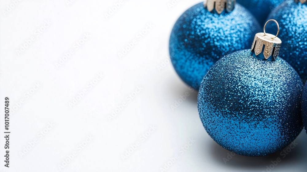 Blue christmas balls on white background with space for text, baubles for christmas tree decoration, christmas concept. Blue christmas balls on white background with space for text, baubles for christmas tree decoration, christmas concept.