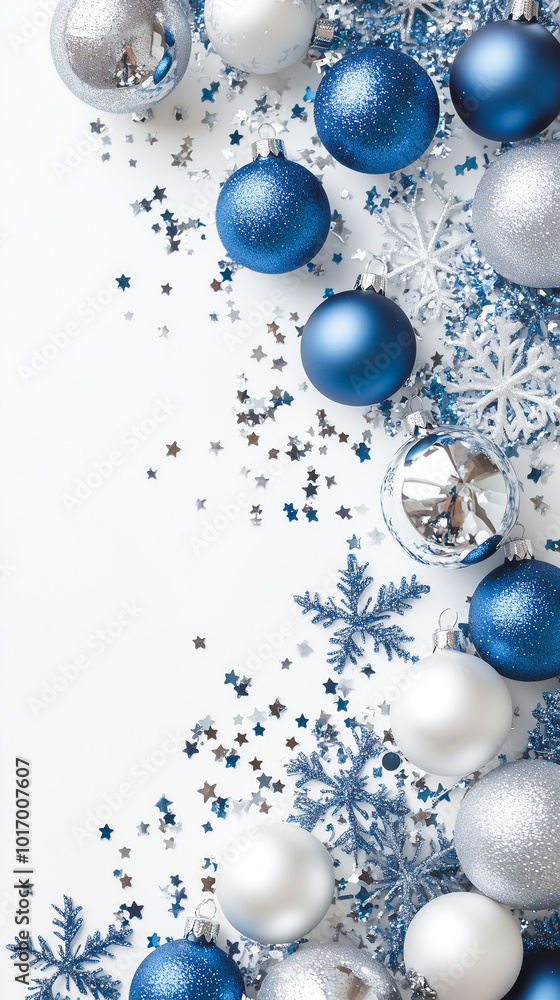 Christmas decorations concept. Top view vertical photo of blue white silver baubles, snowflakes, star decorations and confetti on isolated white background. Christmas decorations concept. Top view vertical photo of blue white silver baubles, snowflakes, star decorations and confetti on isolated white background.
