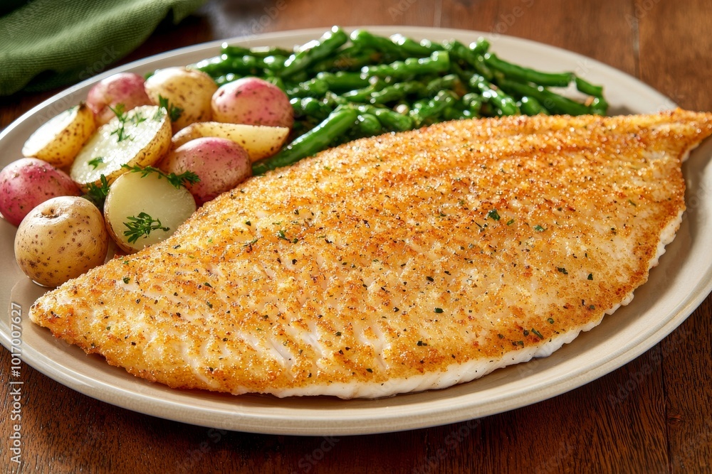 Cod fillet (fried) with vegetables and potatoes on a wooden table Cod fillet (fried) with vegetables and potatoes on a wooden table