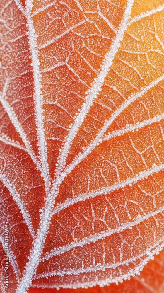 Obraz premium Close-up of a frozen autumn leaf displaying vibrant colors and frosty edges captured in detail