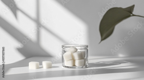 Sugar cubes in a small glass jar, isolated on a clean white background with minimalist decor