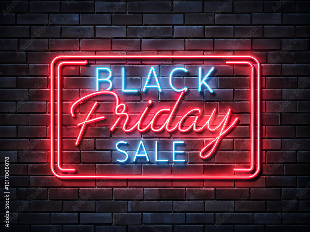 Obraz premium Black Friday sale. Black Friday neon sign on brick wall background. Glowing white and red neon text for advertising and promotion. Banner and background, brochure and flyer design concept 