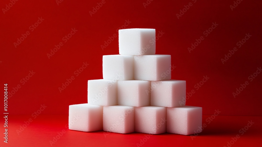 White sugar cubes stacked in a minimalist geometric structure, isolated on a bold red background White sugar cubes stacked in a minimalist geometric structure, isolated on a bold red background