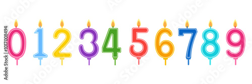 Colorful, multi-colored candles for a birthday cake. Candles in the form of numbers from 0 to 9. Today flat illustration.