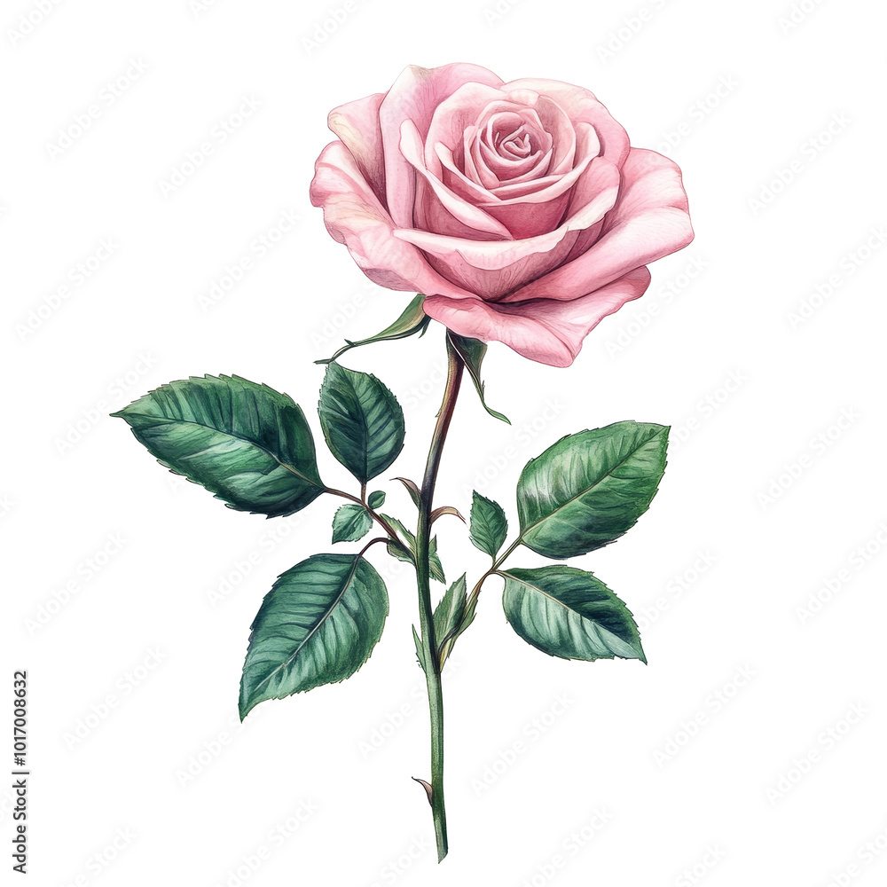Fototapeta premium Beautiful full body pink rose illustration on a clean Png background, showcasing delicate petals and vibrant leaves, Full Body Pink Rose Illustration on Png background