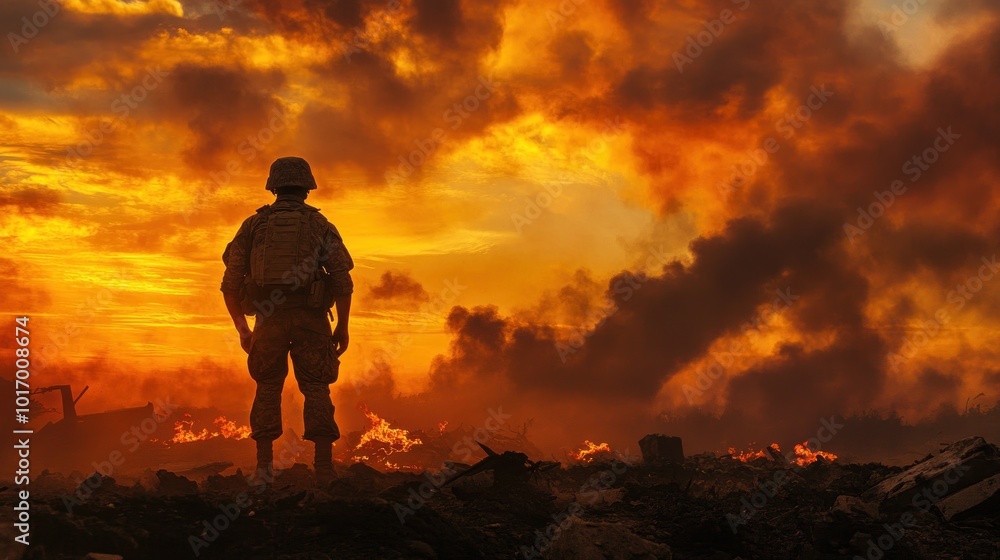 A soldier stands amidst a fiery sunset, symbolizing resilience and sacrifice in conflict. A soldier stands amidst a fiery sunset, symbolizing resilience and sacrifice in conflict.