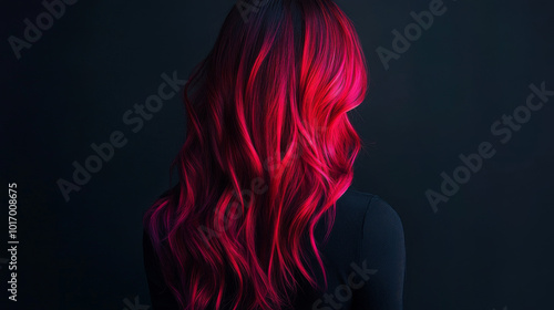 A woman with long, wavy vibrant pink hair stands against a dark background, highlighting the striking contrast and bold color. 