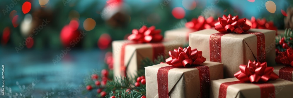 Beautifully wrapped holiday gifts with red bows and ribbons surrounded by festive decorations and greenery, evoking the spirit of Christmas celebration Beautifully wrapped holiday gifts with red bows and ribbons surrounded by festive decorations and greenery, evoking the spirit of Christmas celebration
