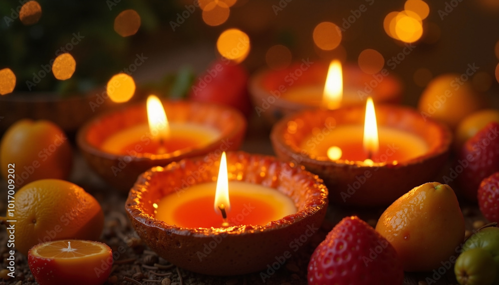 Soothing candles with warm light surrounded by fruits and festive bokeh background Soothing candles with warm light surrounded by fruits and festive bokeh background