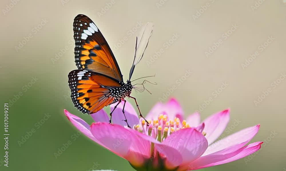 Black and orange butterfly flying away from pink flower after feeding. Slow motion shot Black and orange butterfly flying away from pink flower after feeding. Slow motion shot