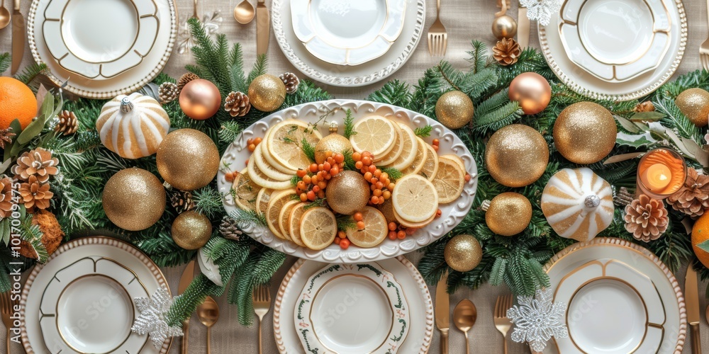 A beautifully decorated festive table setting featuring a centerpiece with fresh sliced oranges, berries, and golden ornaments surrounded by elegant dinnerware A beautifully decorated festive table setting featuring a centerpiece with fresh sliced oranges, berries, and golden ornaments surrounded by elegant dinnerware