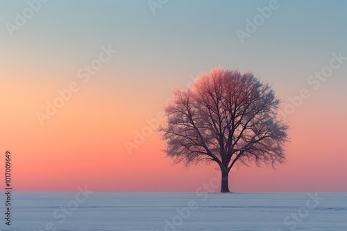 Serene Winter Sunset with a Lone Tree in a Snowy Landscape photo