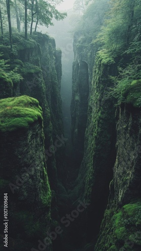 Moss-covered cliffs rise high in an enchanting forest under soft atmospheric light