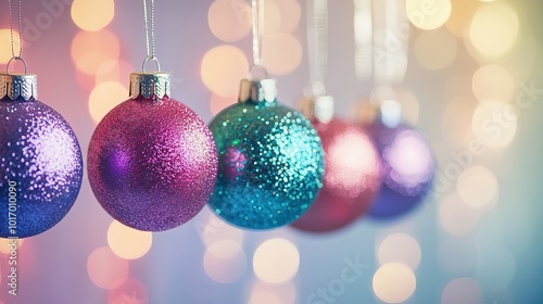 A simple collection of hanging Christmas ornaments in soft pastel shades. AI generated image