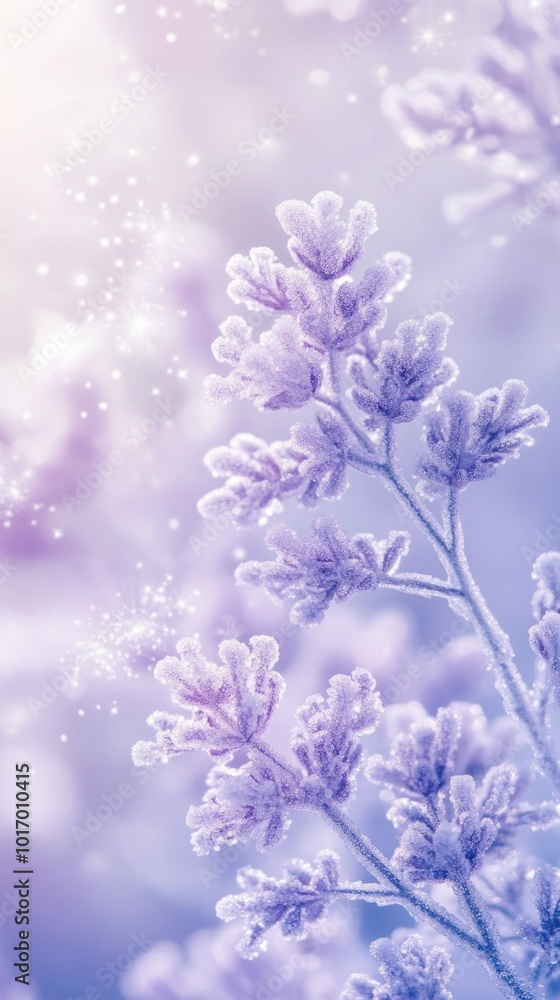 Charming frozen lavender flowers adorned with delicate snowflakes and intricate ice details Charming frozen lavender flowers adorned with delicate snowflakes and intricate ice details