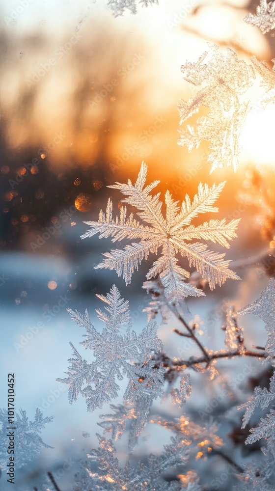 Delicate snowflake patterns on a frozen window illuminated by soft winter light Delicate snowflake patterns on a frozen window illuminated by soft winter light