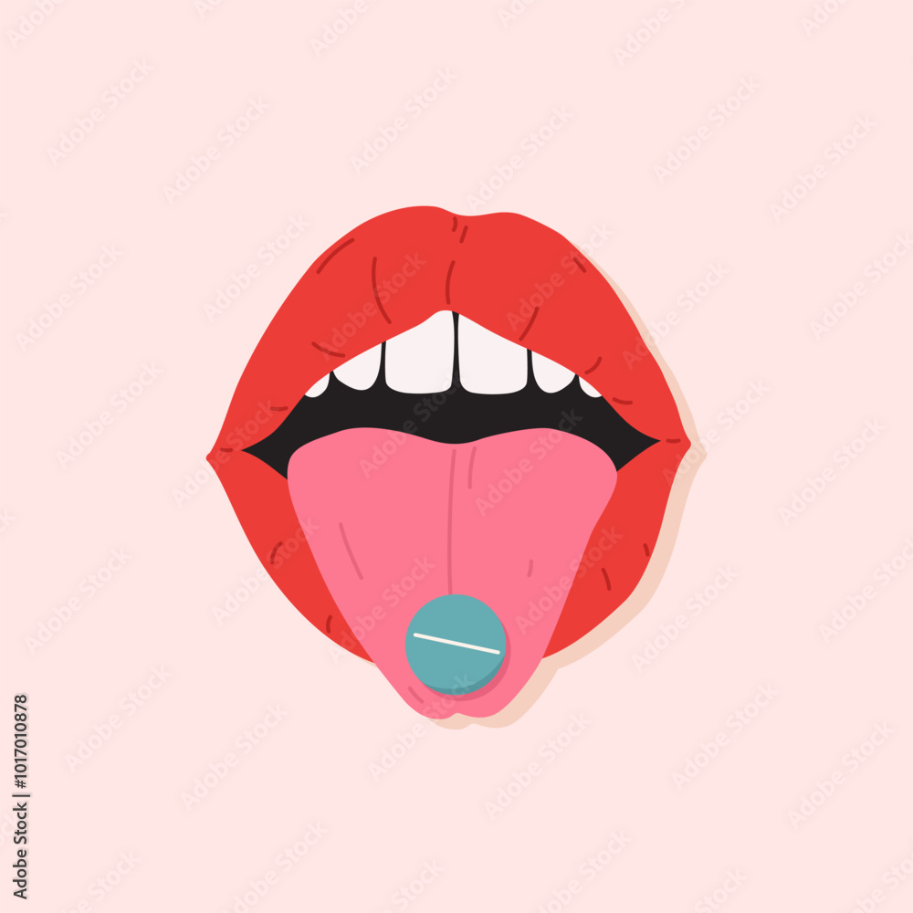 Woman's red lips with tongue. Open female mouth with tongue hanging out holding a oral pill. Drug lying in the mouth. Cartoon flat design, hand drawn vector illustration. Woman's red lips with tongue. Open female mouth with tongue hanging out holding a oral pill. Drug lying in the mouth. Cartoon flat design, hand drawn vector illustration.