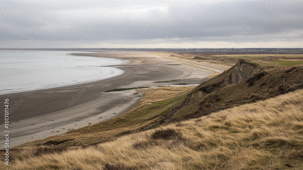 Fototapeta premium Expansive shoreline view with sandy beach and gentle cliffs at dusk