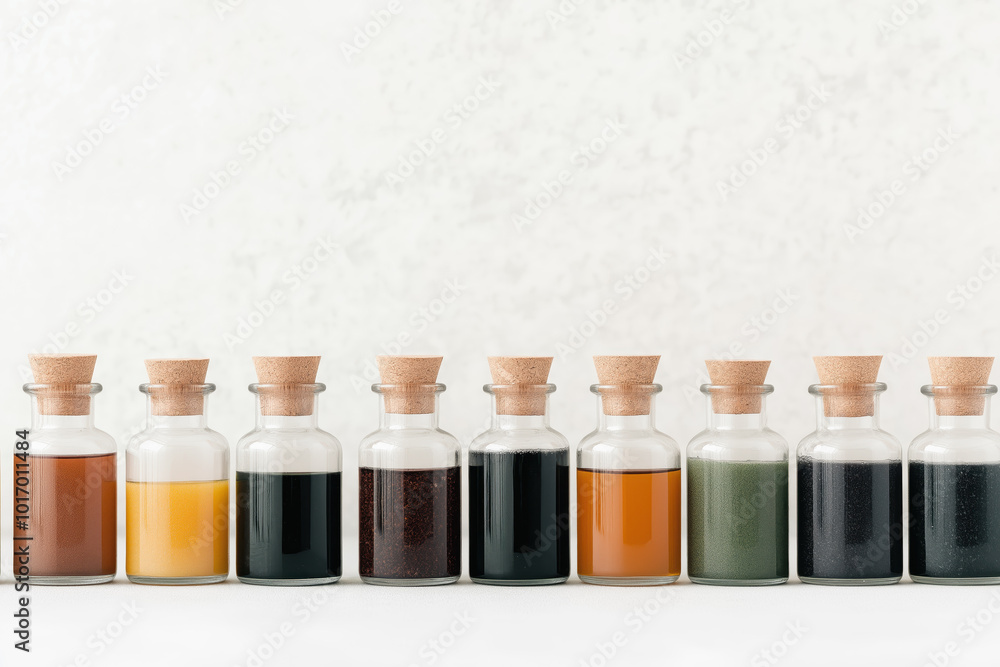 Row of glass bottles with various colorful liquids and powders on a light background Row of glass bottles with various colorful liquids and powders on a light background