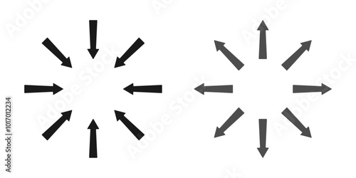 Group of straight arrows arranged in circle, directed inward to center and outward. Vector illustration of simple icons for building tables, diagrams, visualization of schematic material and data.
