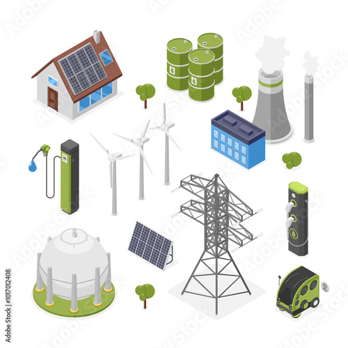 Isometric eco friendly icons. Solar system oil and gas, wind turbines, smart energy house. Clean and ecological lifestyle, clean environment flawless vector set