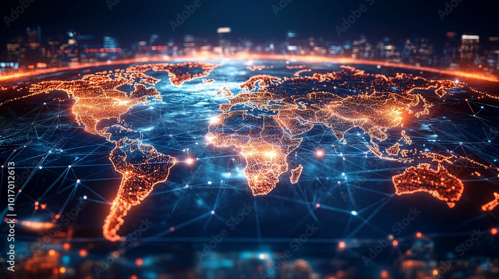 A glowing world map with a network of interconnected nodes