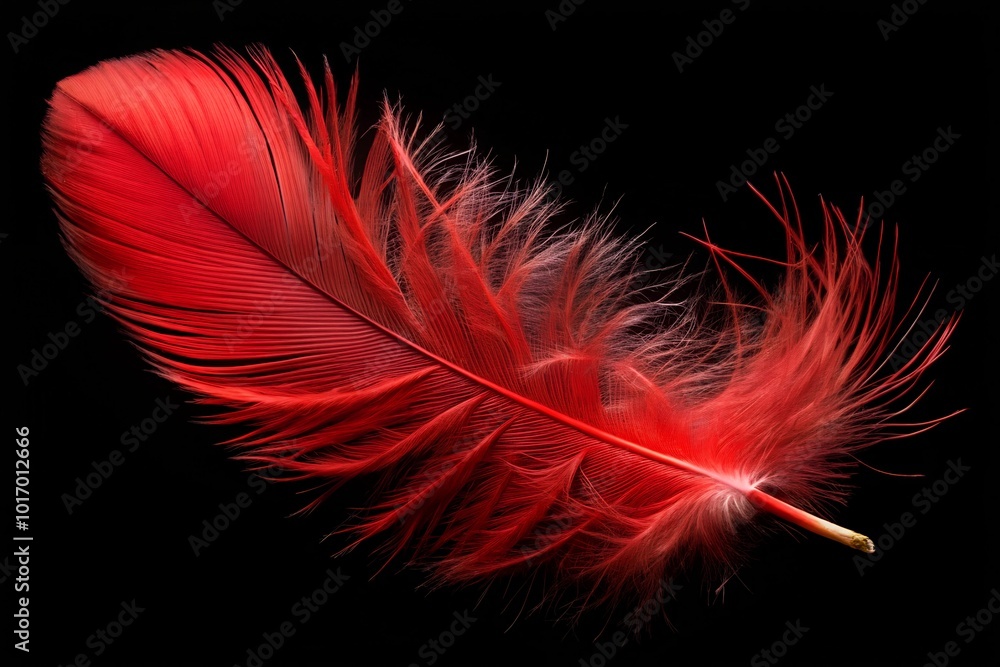 Obraz premium Close-up of a vibrant red feather against a deep black background. The soft, delicate texture and bright color create a striking and bold minimalistic composition.