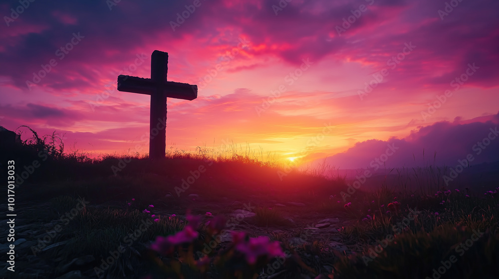 Cross silhouette on colorful sunset sky Cross silhouette on colorful sunset sky