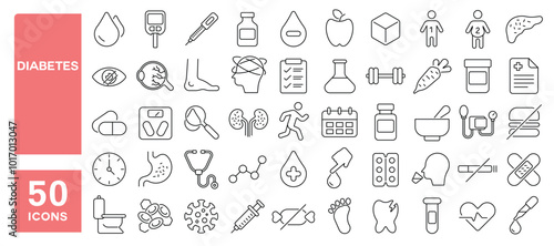 Set of 50 line icons related to diabetes, blood, test, glucometer, glucose, insulin, pen, hyperglycemia, checkup, pump, Editable stroke. Vector illustration