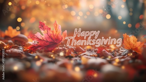 Wallpaper Mural Bright autumn leaves scatter gently on the ground in warm, glowing lights. The phrase Happy Thanksgiving stands out Torontodigital.ca